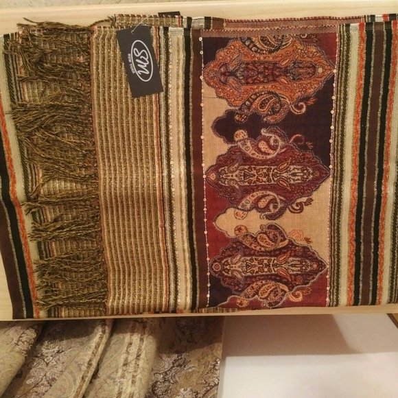 NEW Pashmina Scarf/Wrap in Gold, Cinnamon & Brown, Sequin Trim; Fringed Edges - Picture 6 of 6